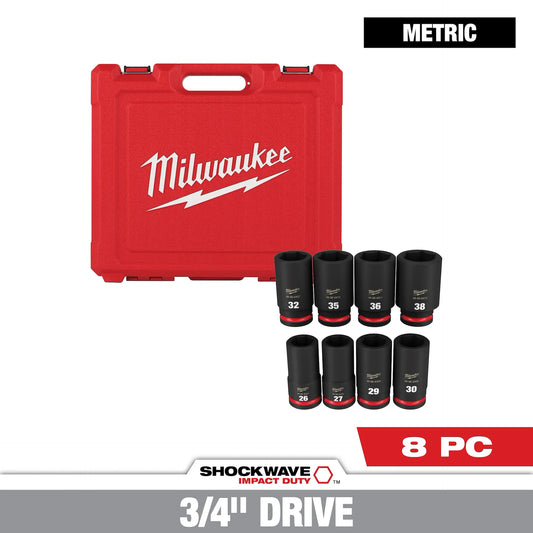 MILWAUKEE 49-66-7020 8PC SHOCKWAVE™ Impact Duty 3/4" Drive Metric Deep 6 Point Socket Set