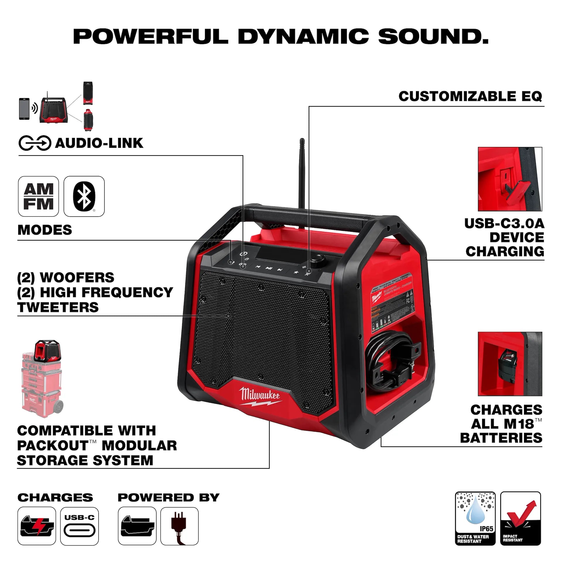 MILWAUKEE 2956-20 M18 BLUETOOTH® JOBSITE RADIO + CHARGER