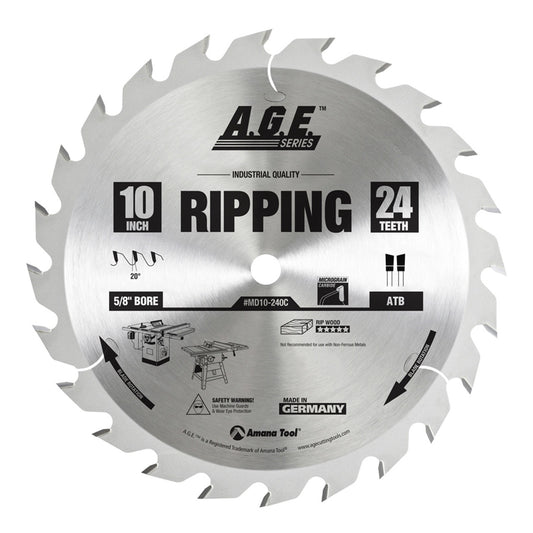 AGE MD10-240C 10" x 24T ATB Ripping Blade – 20° Hook, 5/8" Bore, Carbide Tipped for Table Saws