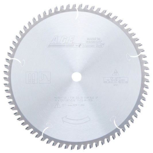 AGE MD10-728 10" x 72T M-TCG Solid Surface Blade – 0° Hook, 5/8" Bore, Carbide Tipped