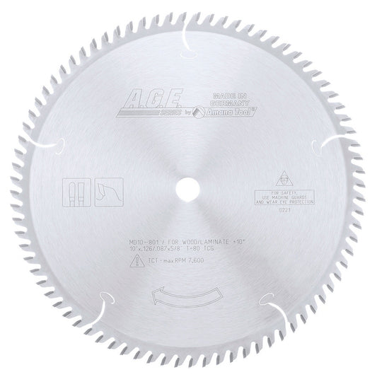 AGE MD10-801C 10" x 80T Hi-ATB Crosscut Blade – C-4 Carbide, Ultra-Fine Finish, 5/8" Bore