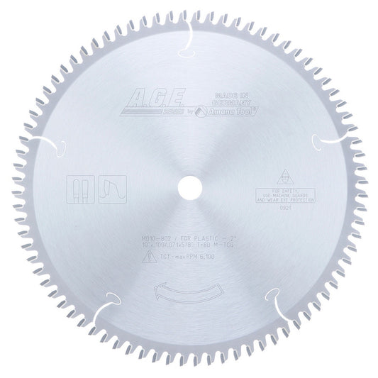AGE MD10-802 10" x 80T M-TCG Industrial Plastic Blade – -2° Hook, 5/8" Bore, Carbide Tipped