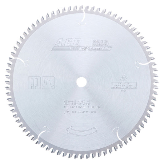 AGE MD10-805 10" x 80T TCG Aluminum Non-Ferrous Blade – -5° Hook, 5/8" Bore, Carbide Tipped