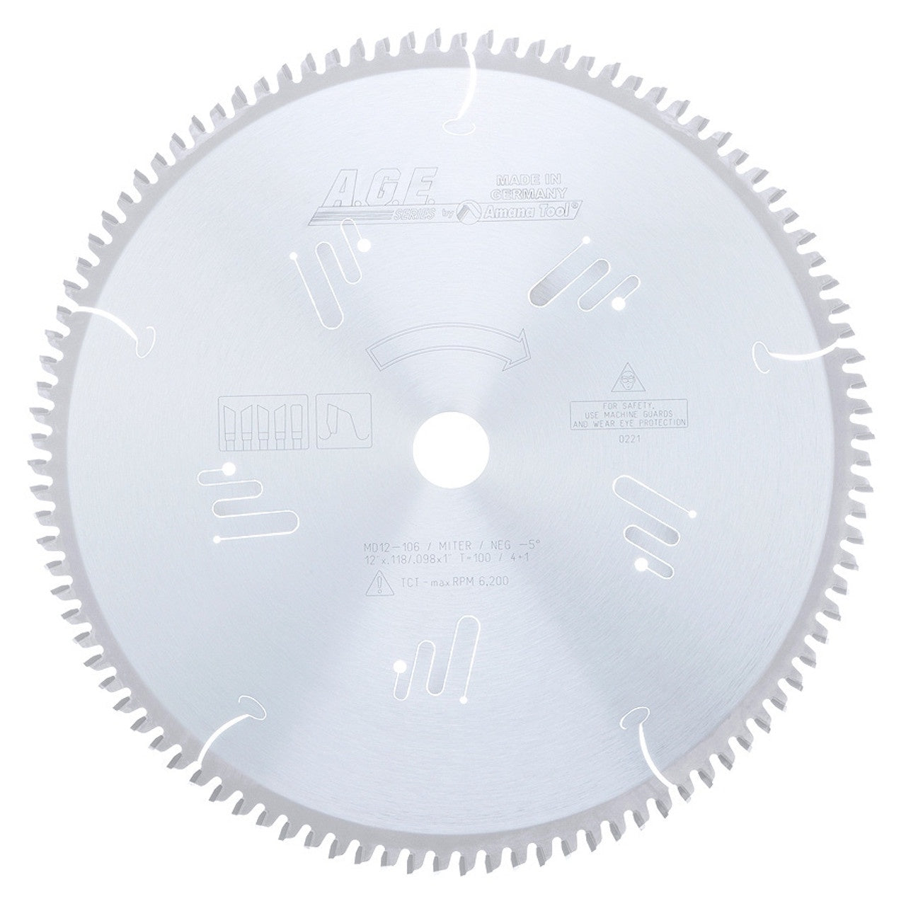AGE Series MD12-106 Carbide Tipped Heavy Miter 12 Inch D x 100T 4+1 ATB, -5 Deg, 1 Inch Bore, Circular Saw Blade
