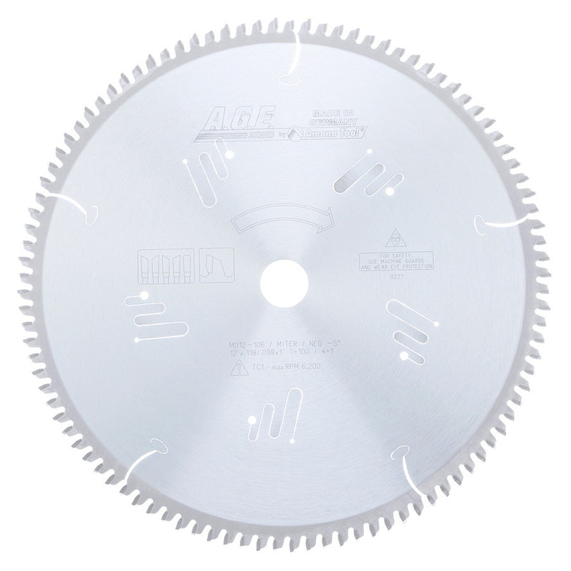 AGE Series MD12-106 Carbide Tipped Heavy Miter 12 Inch D x 100T 4+1 ATB, -5 Deg, 1 Inch Bore, Circular Saw Blade