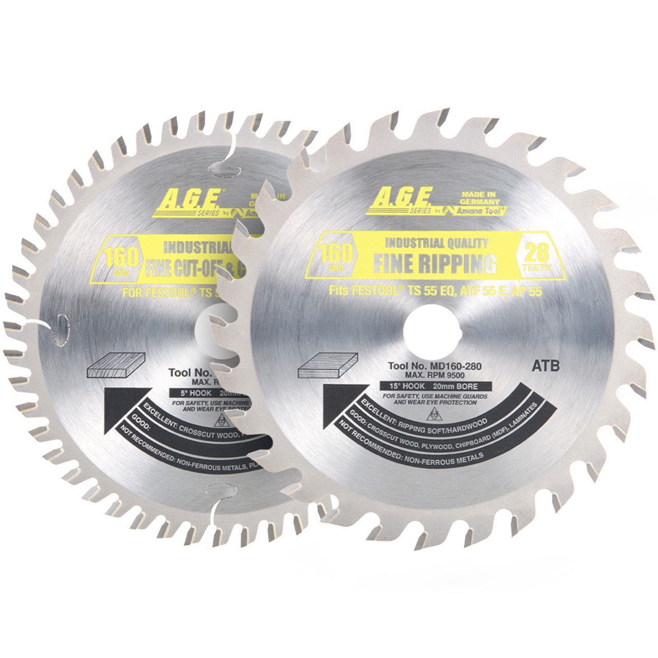 AGE MD160-001 Festool Track Saw Blade Pack – 2-Blade Set: 160mm 28T General Purpose + 48T Crosscut ATB