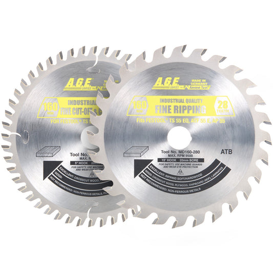 AGE MD160-001 Festool Track Saw Blade Pack – 2-Blade Set: 160mm 28T General Purpose + 48T Crosscut ATB