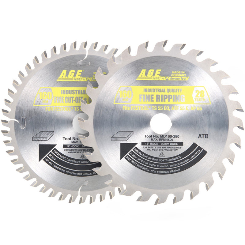 AGE MD160-001 Festool Track Saw Blade Pack – 2-Blade Set: 160mm 28T General Purpose + 48T Crosscut ATB