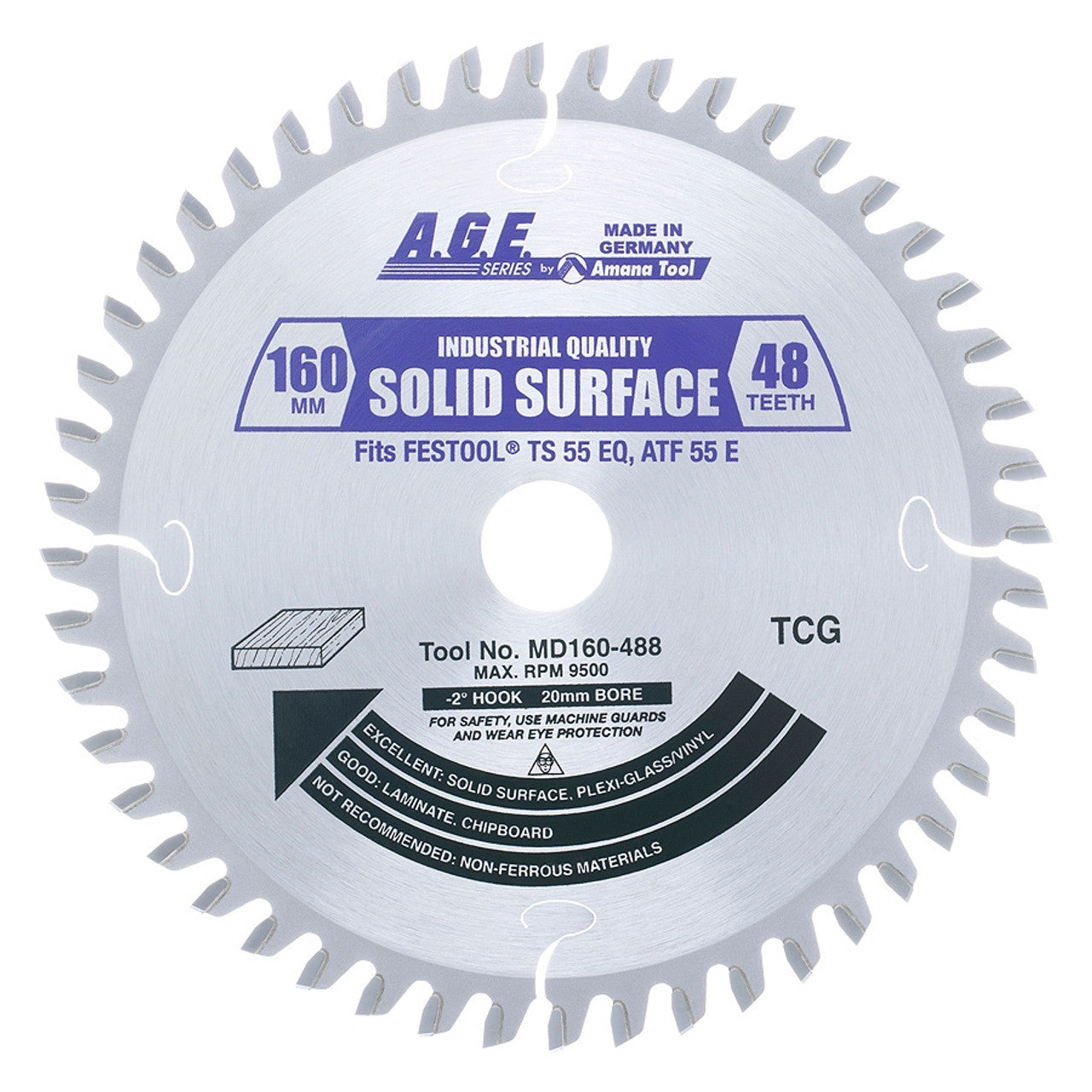 A.G.E. MD160-488 160mm x 48T Carbide Tipped Track Saw Blade – M-TCG for Festool TS 55, Solid Surface Cuts