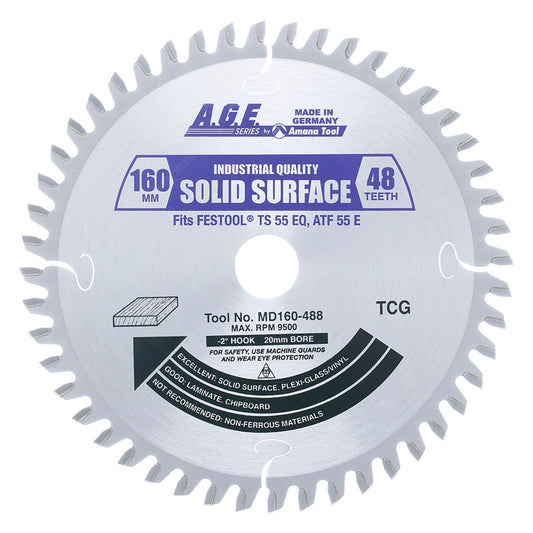 A.G.E. MD160-488 160mm x 48T Carbide Tipped Track Saw Blade – M-TCG for Festool TS 55, Solid Surface Cuts
