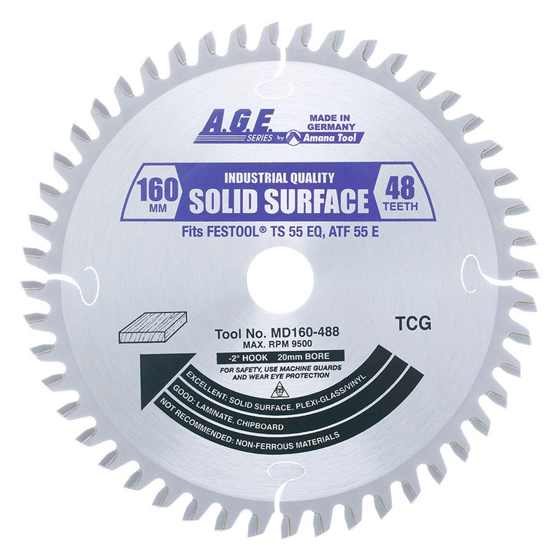 A.G.E. MD160-488 160mm x 48T Carbide Tipped Track Saw Blade – M-TCG for Festool TS 55, Solid Surface Cuts