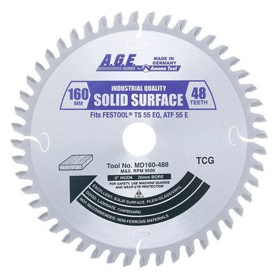 A.G.E. MD160-488 160mm x 48T Carbide Tipped Track Saw Blade – M-TCG for Festool TS 55, Solid Surface Cuts