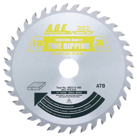 AGE MD210-360 Festool Track Saw Blade – 210mm 36T ATB General Purpose, 30mm Bore
