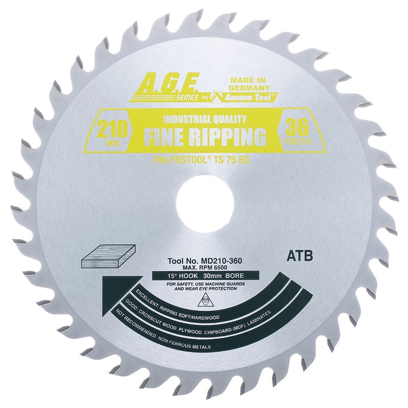AGE MD210-360 Festool Track Saw Blade – 210mm 36T ATB General Purpose, 30mm Bore