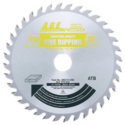 AGE MD210-360 Festool Track Saw Blade – 210mm 36T ATB General Purpose, 30mm Bore