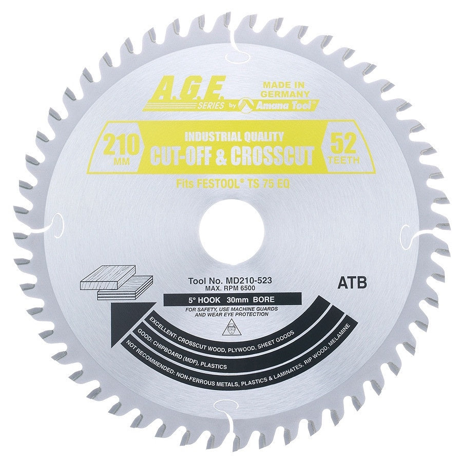 AGE MD210-523 Festool Track Saw Blade – 210mm 52T ATB Fine Crosscut, 30mm Bore for Sheet Goods