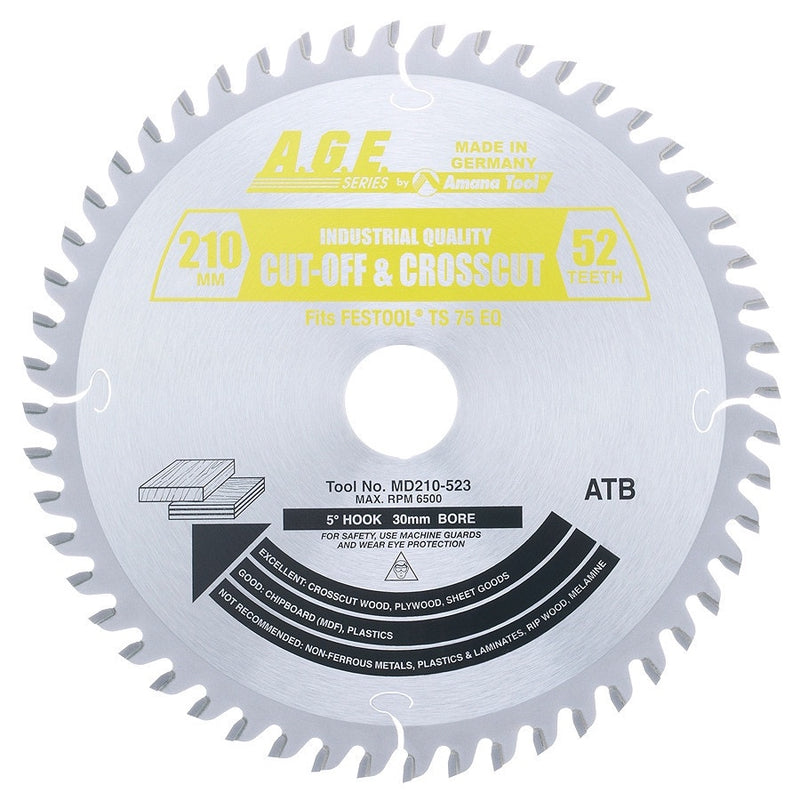 AGE MD210-523 Festool Track Saw Blade – 210mm 52T ATB Fine Crosscut, 30mm Bore for Sheet Goods