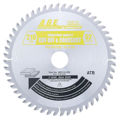 AGE MD210-523 Festool Track Saw Blade – 210mm 52T ATB Fine Crosscut, 30mm Bore for Sheet Goods
