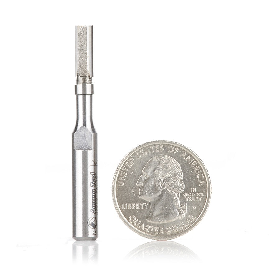 AMANA 47222 Miniature Flush Trim Plunge Template 3/16 Dia x 1/2 x 1/4 Inch Shank Carbide Tipped Router Bit with Mini 3/16 Dia Upper Ball Bearing