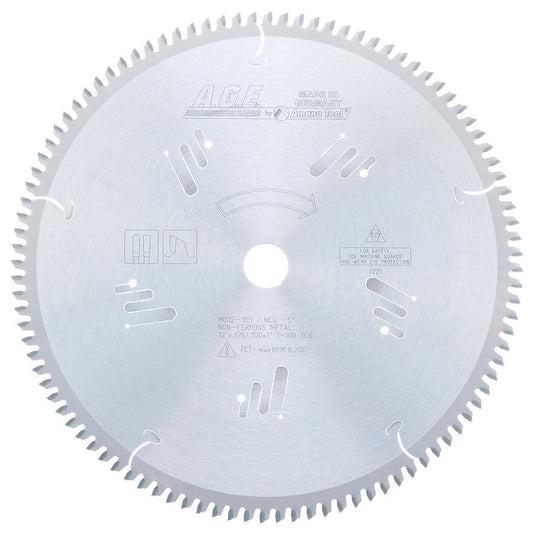A.G.E MD12-105 MD12-105 12" Carbide Tipped Aluminum and Non-Ferrous Metals 100T TCG, -5 Deg, 1 Inch Bore, Circular Saw Blade