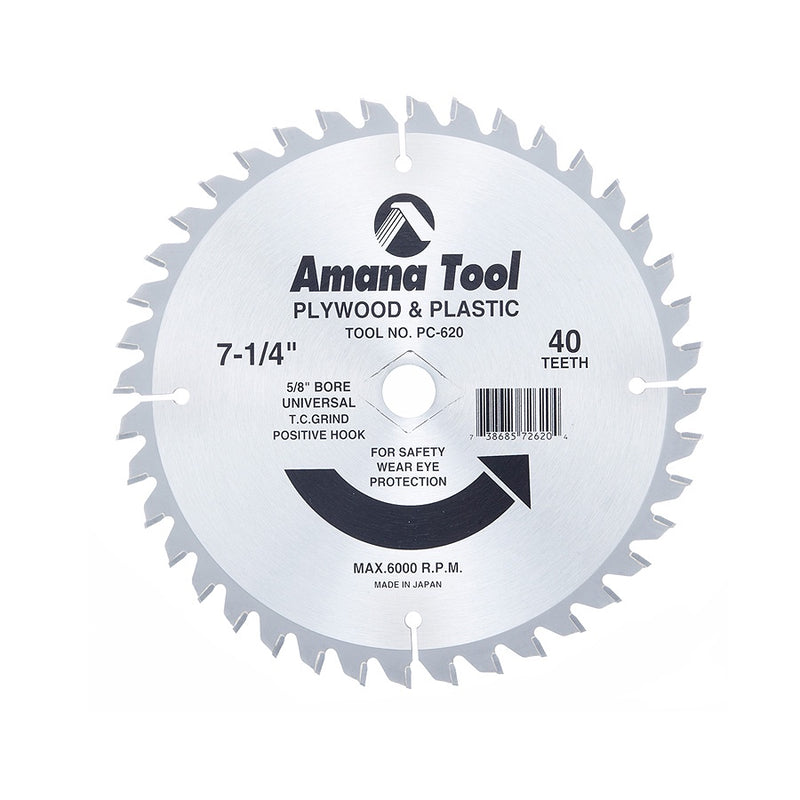AMANA PC-620 Carbide Tipped Plywood & Plastic 7-1/4 Inch Dia x 40T TCG, 5/8 - Universal Bore