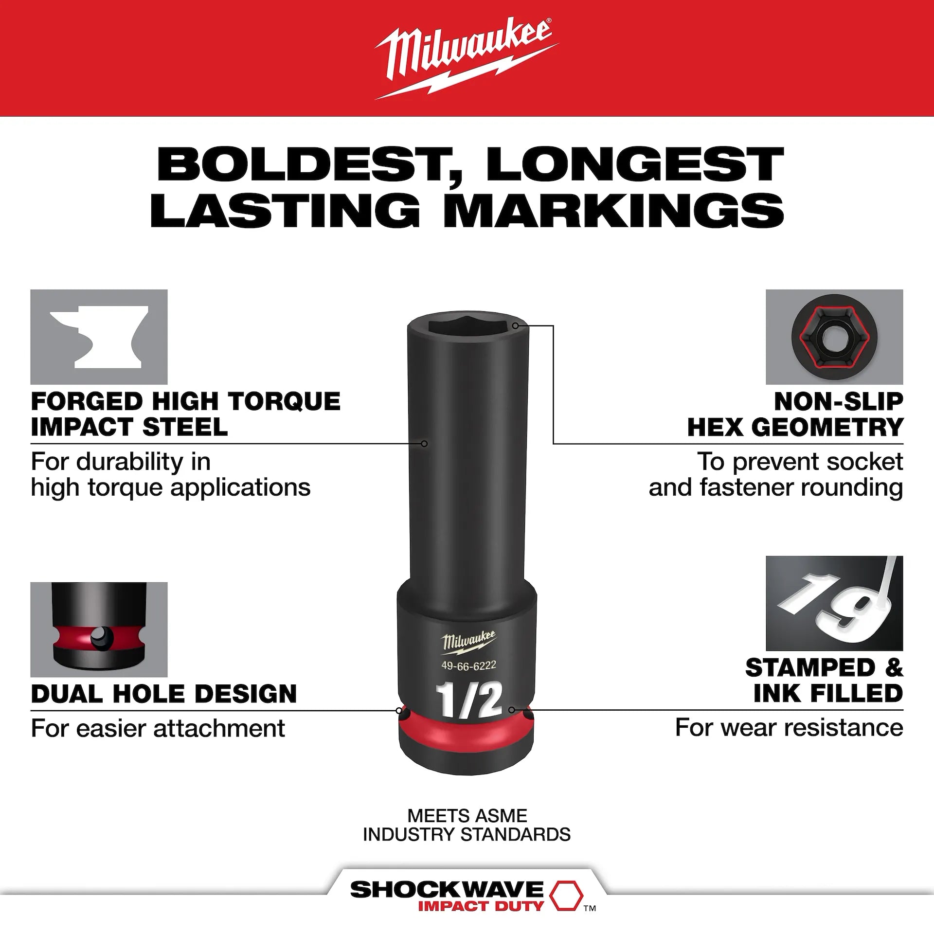 MILWAUKEE 49-66-6802 15PC SHOCKWAVE™ Impact Duty Socket 1/2” Drive SAE Set with PACKOUT™