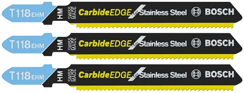 BOSCH T118EHM3 3 pc. 3-1/4 In. 14 TPI Carbide Edge for Stainless Steel T-Shank Jig Saw Blades