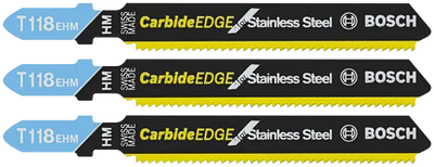 BOSCH T118EHM3 3 pc. 3-1/4 In. 14 TPI Carbide Edge for Stainless Steel T-Shank Jig Saw Blades