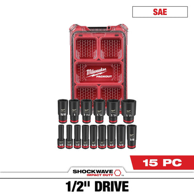 MILWAUKEE 49-66-6802 15PC SHOCKWAVE™ Impact Duty Socket 1/2” Drive SAE Set with PACKOUT™