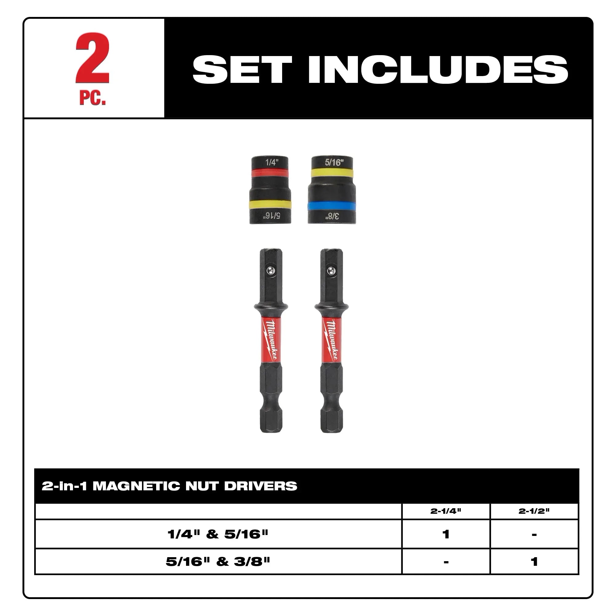 MILWAUKEE 49-66-4565 SHOCKWAVE IMPACT DUTY QUIK-CLEAR 2-IN-1 MAGNETIC NUT DRIVER SET - 2PC