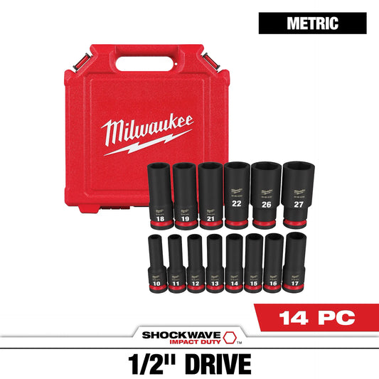 MILWAUKEE 49-66-7014 14PC SHOCKWAVE™ Impact Duty 1/2" Drive Metric Deep 6 Point Socket Set