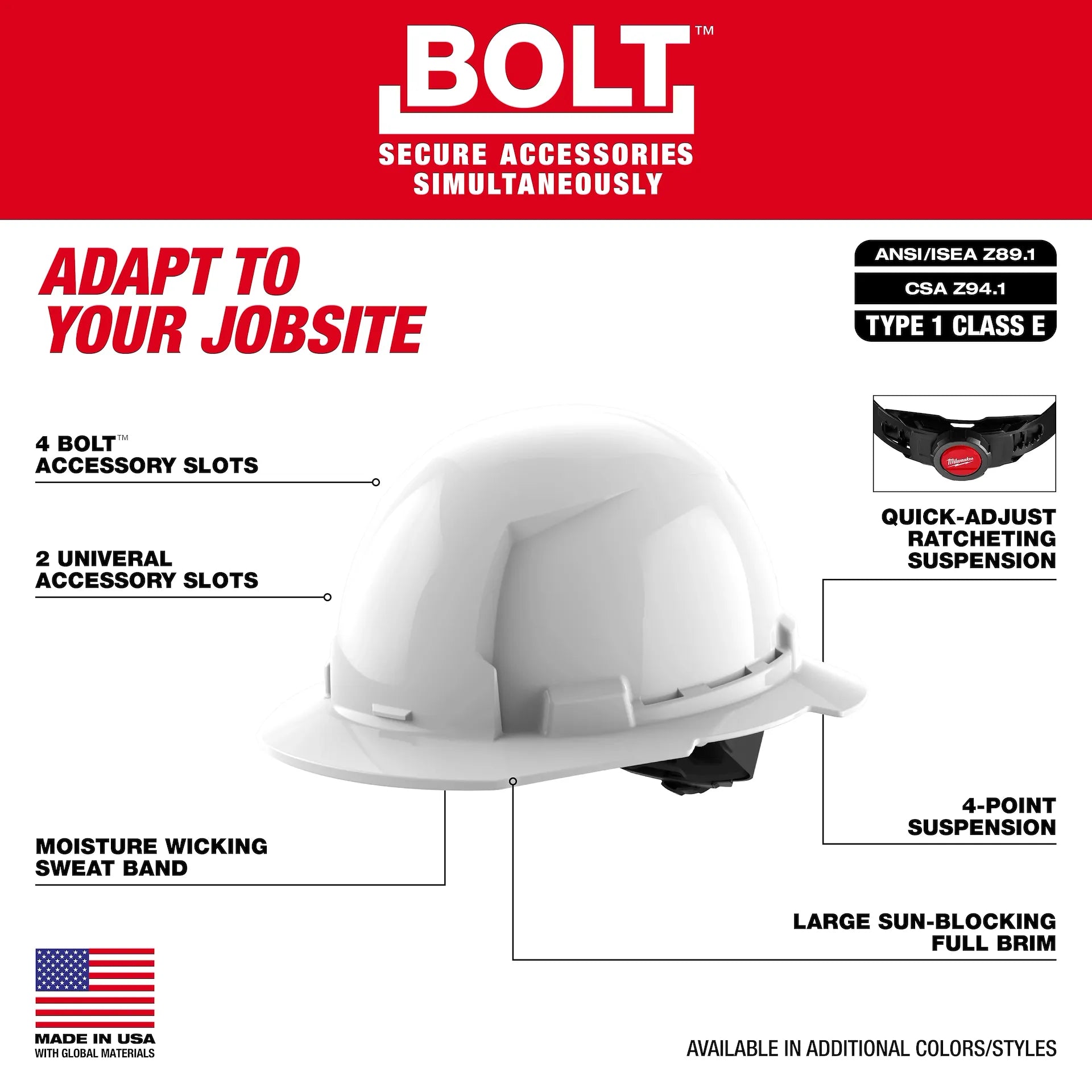 MILWAUKEE 48-73-1101 BOLT™ WHITE FULL BRIM HARD HAT W/ /4 POINT RATCHETING SUSPENSION (USA) - Type 1, Class E