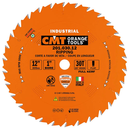 CMT 201.030.12 12" Full-Kerf Industrial Ripping Blade – 30T FTG, 1" Bore, Chromium Micrograin Carbide