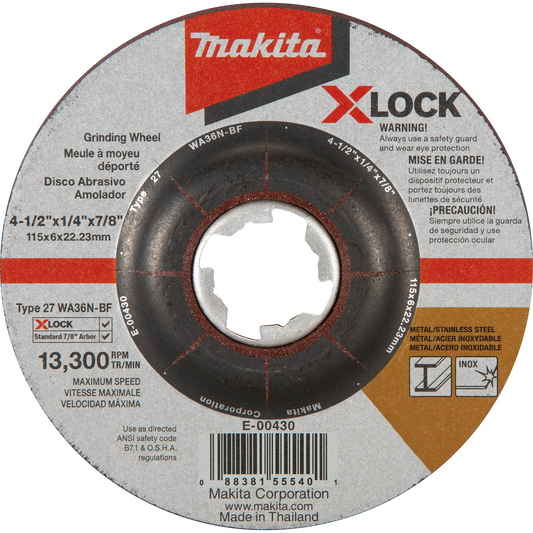 MAKITA E-00430 X‑LOCK 4‑1/2" x 1/4" x 7/8" Type 27 General Purpose 36 Grit Abrasive Grinding Wheel for Metal & Stainless Steel Grinding