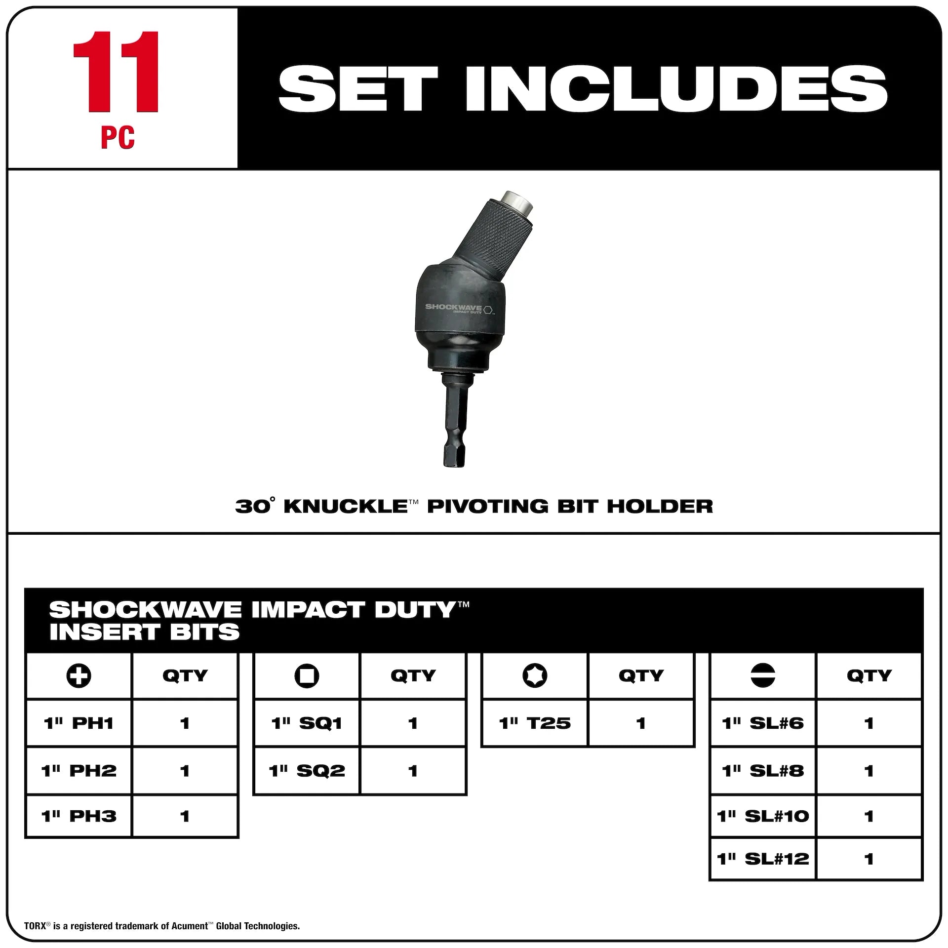 MILWAUKEE 48-32-2301 11PC SHOCKWAVE™ 30° KNUCKLE™ Pivoting Bit Holder