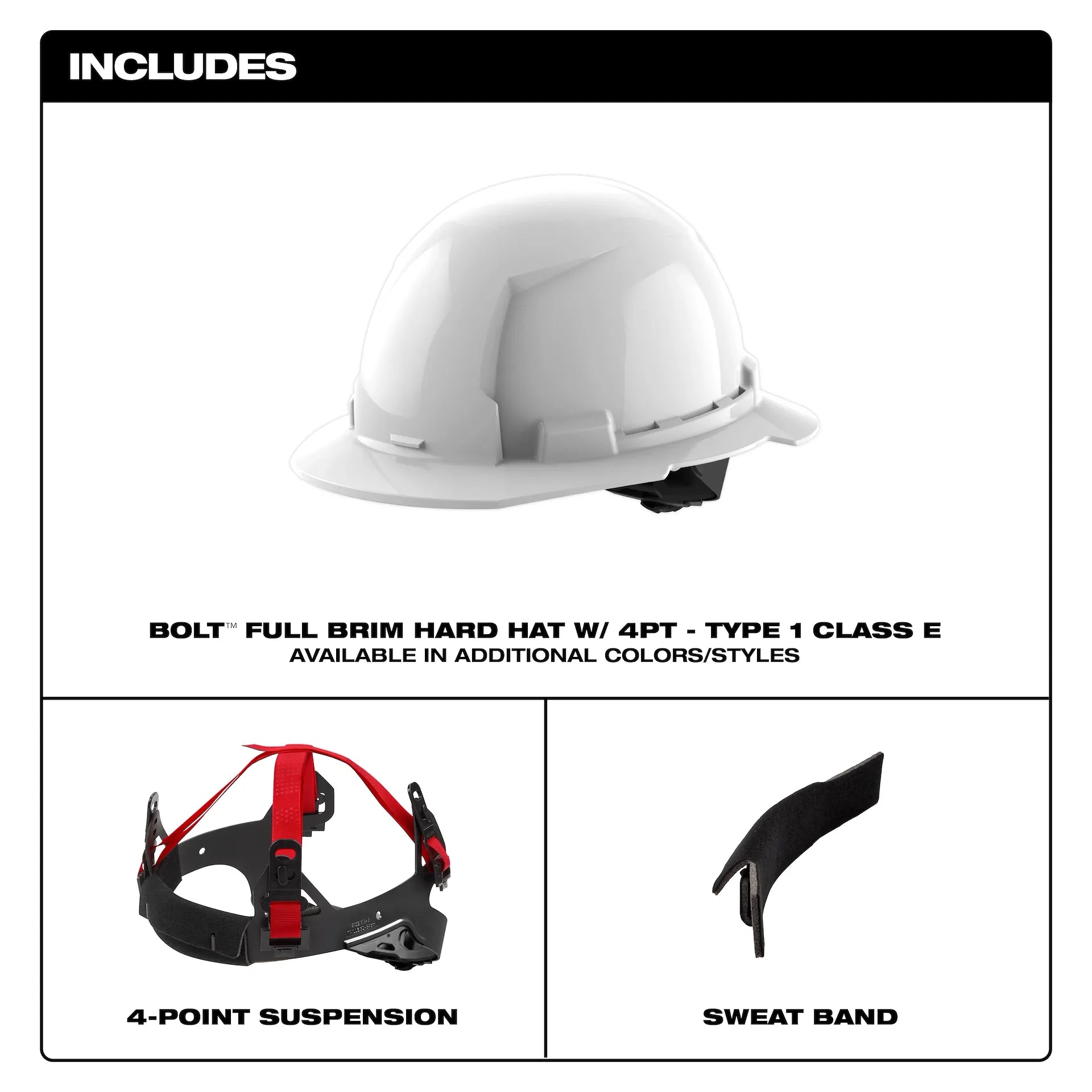 MILWAUKEE 48-73-1101 BOLT™ WHITE FULL BRIM HARD HAT W/ /4 POINT RATCHETING SUSPENSION (USA) - Type 1, Class E