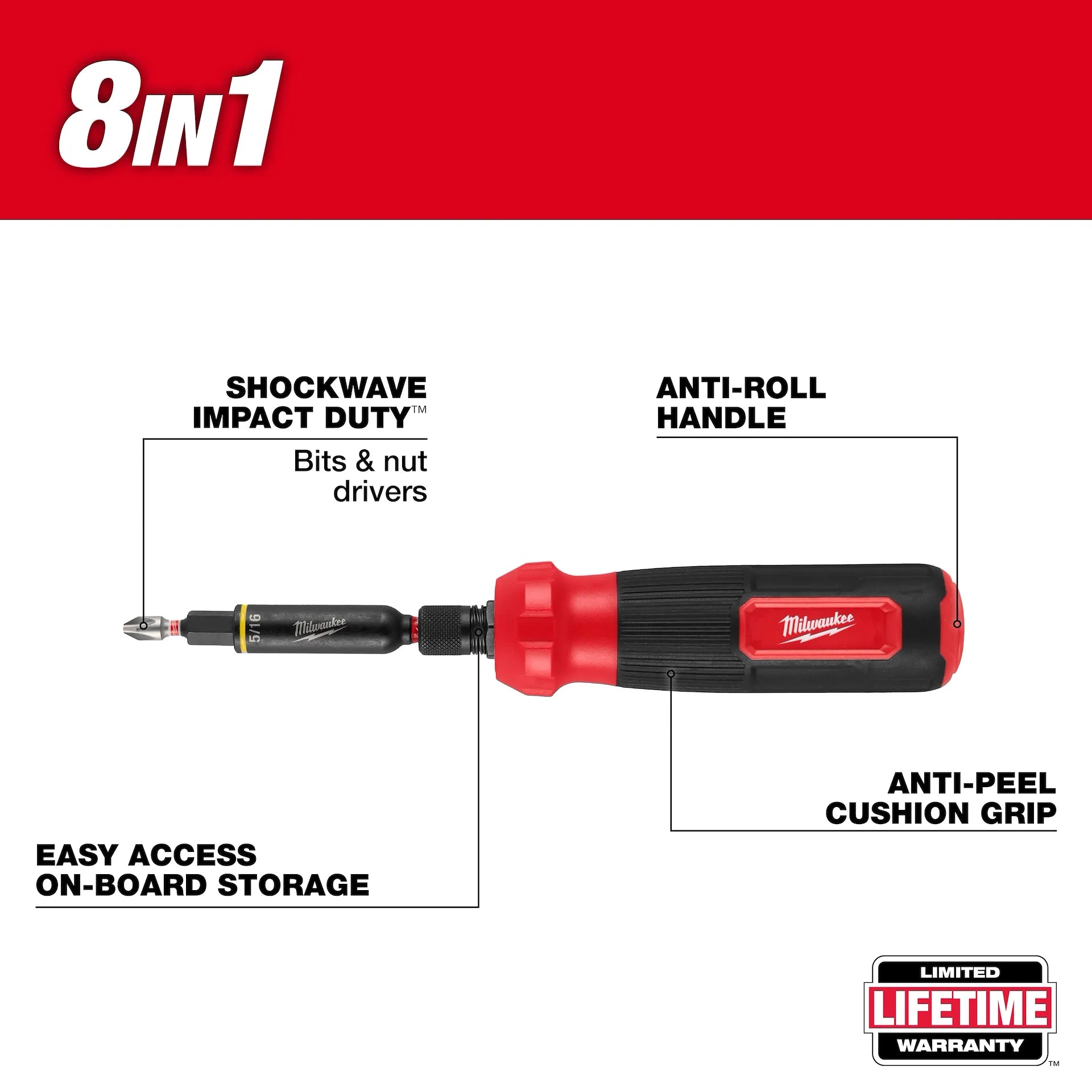 MILWAUKEE 48-22-2922 8-IN-1 Multi-Bit & Nut Driver W/ SHOCKWAVE™ Impact Duty Bits & Nut Drivers