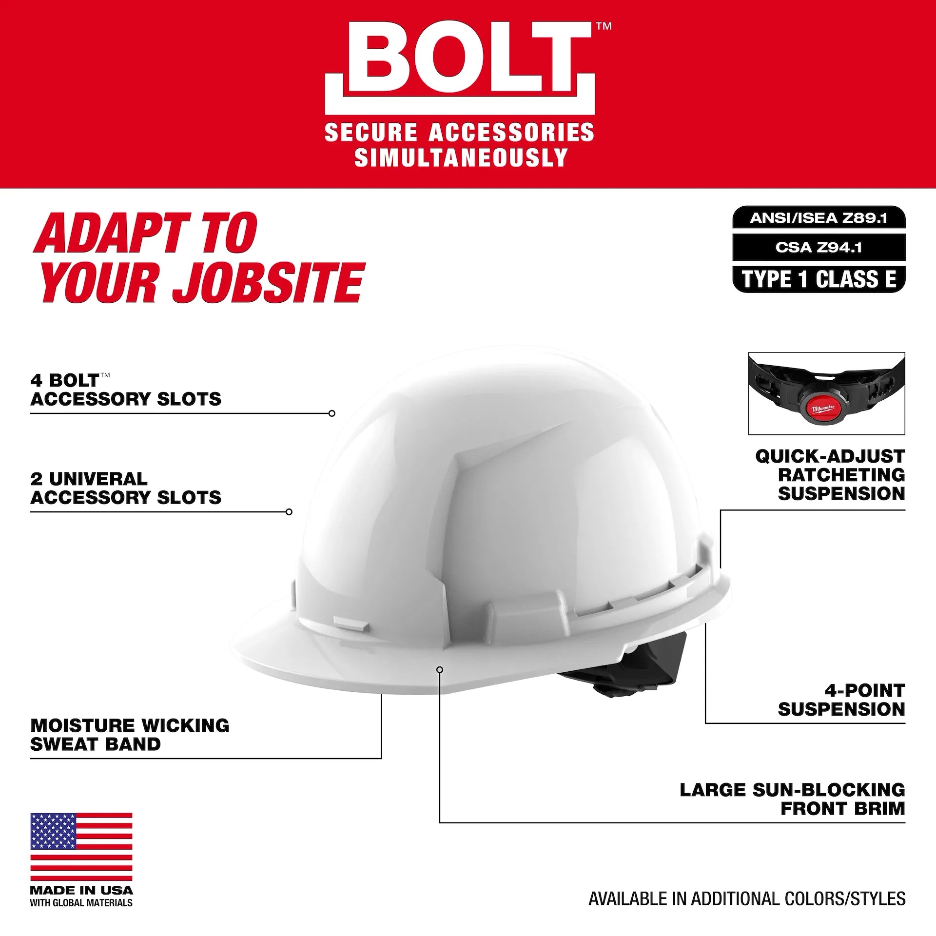 MILWAUKEE 48-73-1100 BOLT™ WHITE FRONT BRIM HARD HAT W/ 4 POINT RATCHETING SUSPENSION (USA) - Type 1, Class E