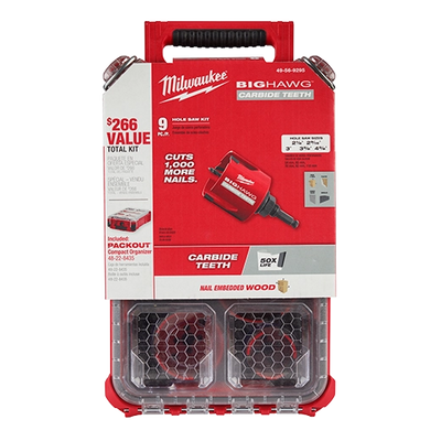 MILWAUKEE 48-56-9295 9 PC BIG HAWG™ with Carbide Teeth Hole Saw Kit w/ PACKOUT™ Compact Organizer