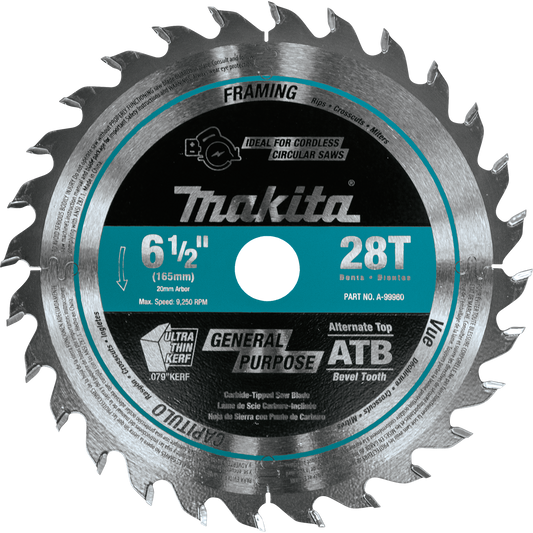 MAKITA A-99960 6‑1/2" 28T Carbide‑Tipped Cordless Plunge Saw Blade