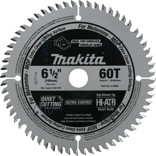 MAKITA A-99982 6‑1/2" 60T (ATB) Carbide‑Tipped Cordless Plunge Saw Blade