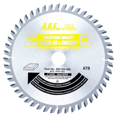 AGE MD160-480 Festool Track Saw Blade – 160mm 48T ATB Crosscut, 20mm Bore, Carbide Tipped