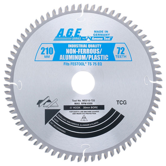 A.G.E MD210-725 8-1/4" 210MM ALUM/PLASTIC BLADE B=20MM T=72 (FESTOOL TS75)