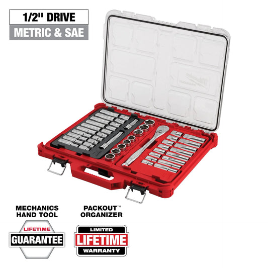MILWAUKEE 48-22-9487 47pc 1/2" Drive Ratchet & Socket Set with PACKOUT™ Low-Profile Organizer