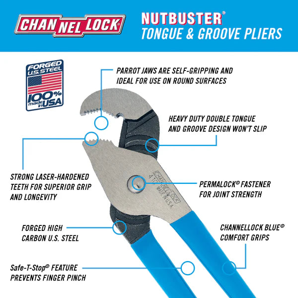 CHANNEL LOCK 410 9.5-inch NUTBUSTER® Parrot Nose Tongue & Groove Pliers