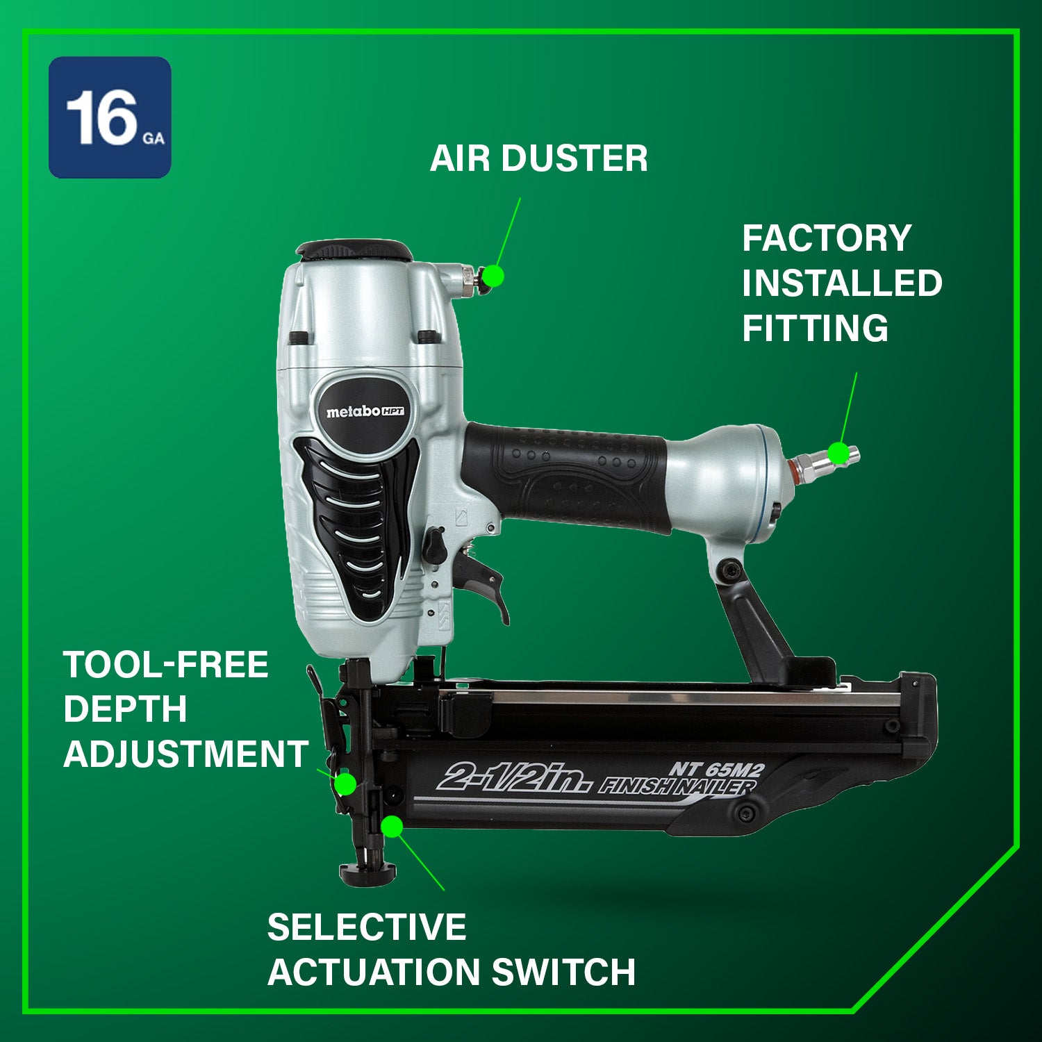 METABO NT65M2SM 2-1/2 Inch 16 Gauge Finish Nailer with Air Duster