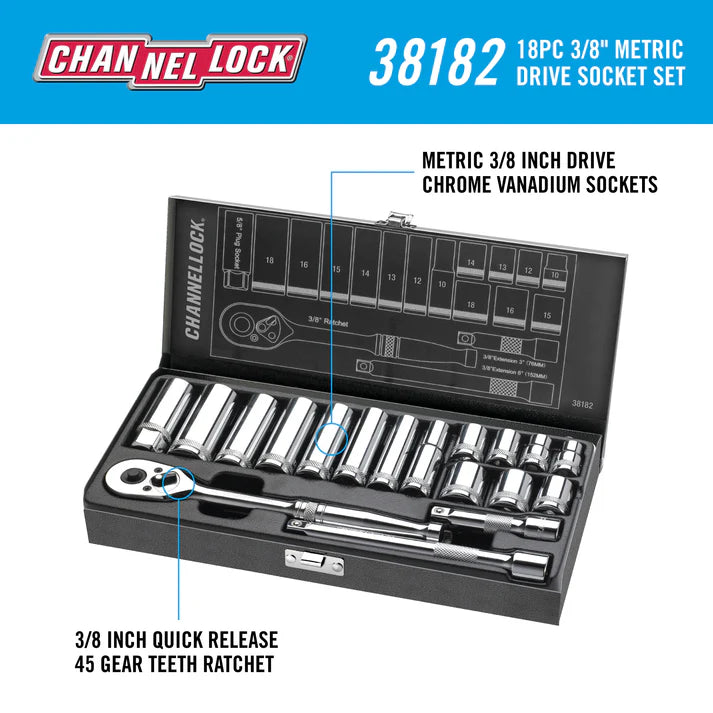 CHANNEL LOCK 38182 18PC 3/8 inch Drive Standard Socket Set